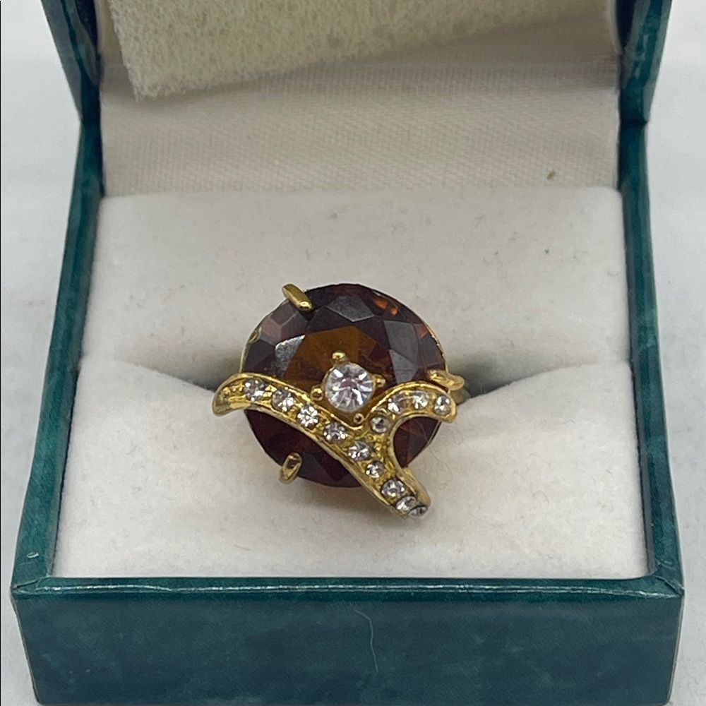 Gold, Rhibestone, and Topaz Gemstone Ring Sz 6 1/4